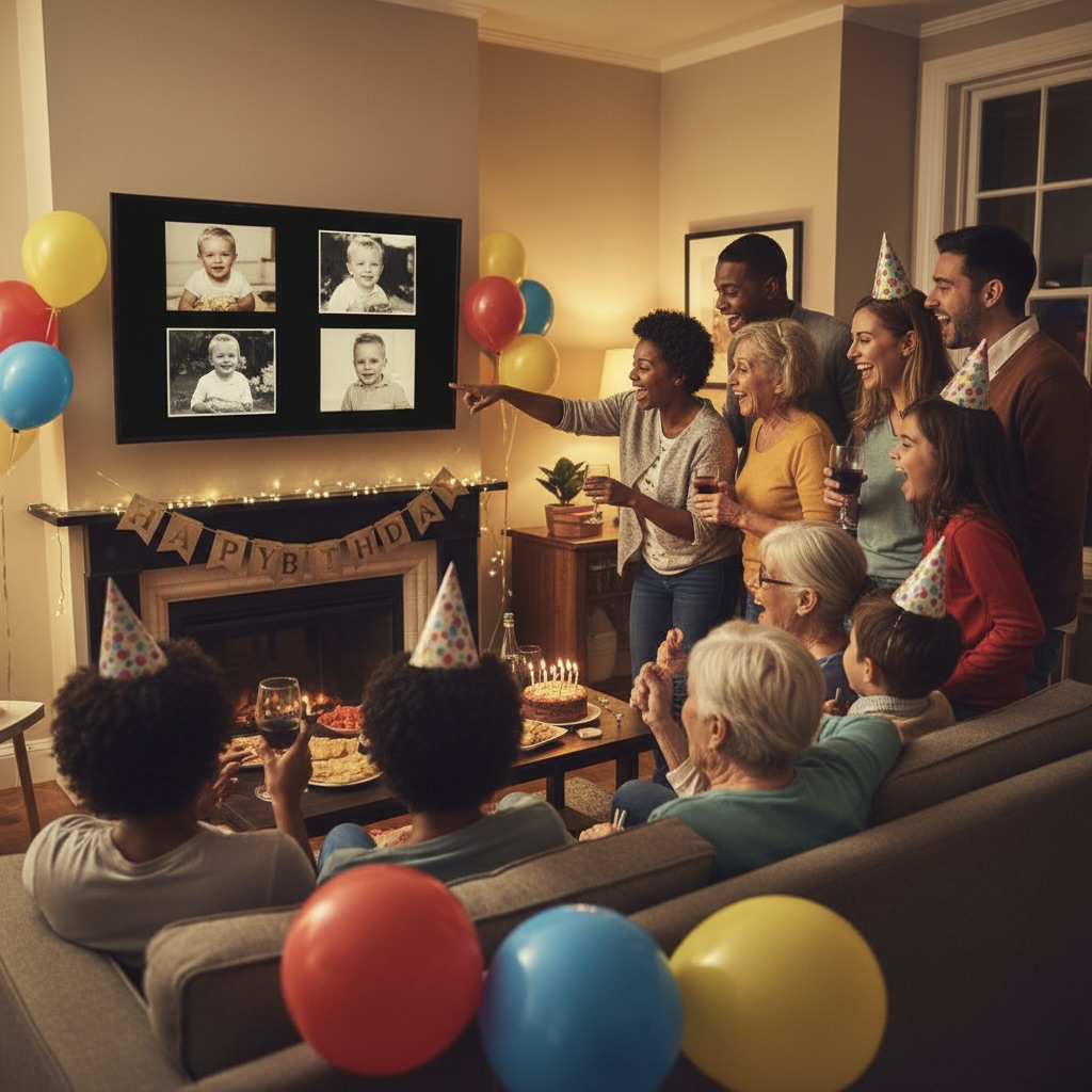 Birthday party with friends and family watching photo slideshow on TV - creating birthday slideshows