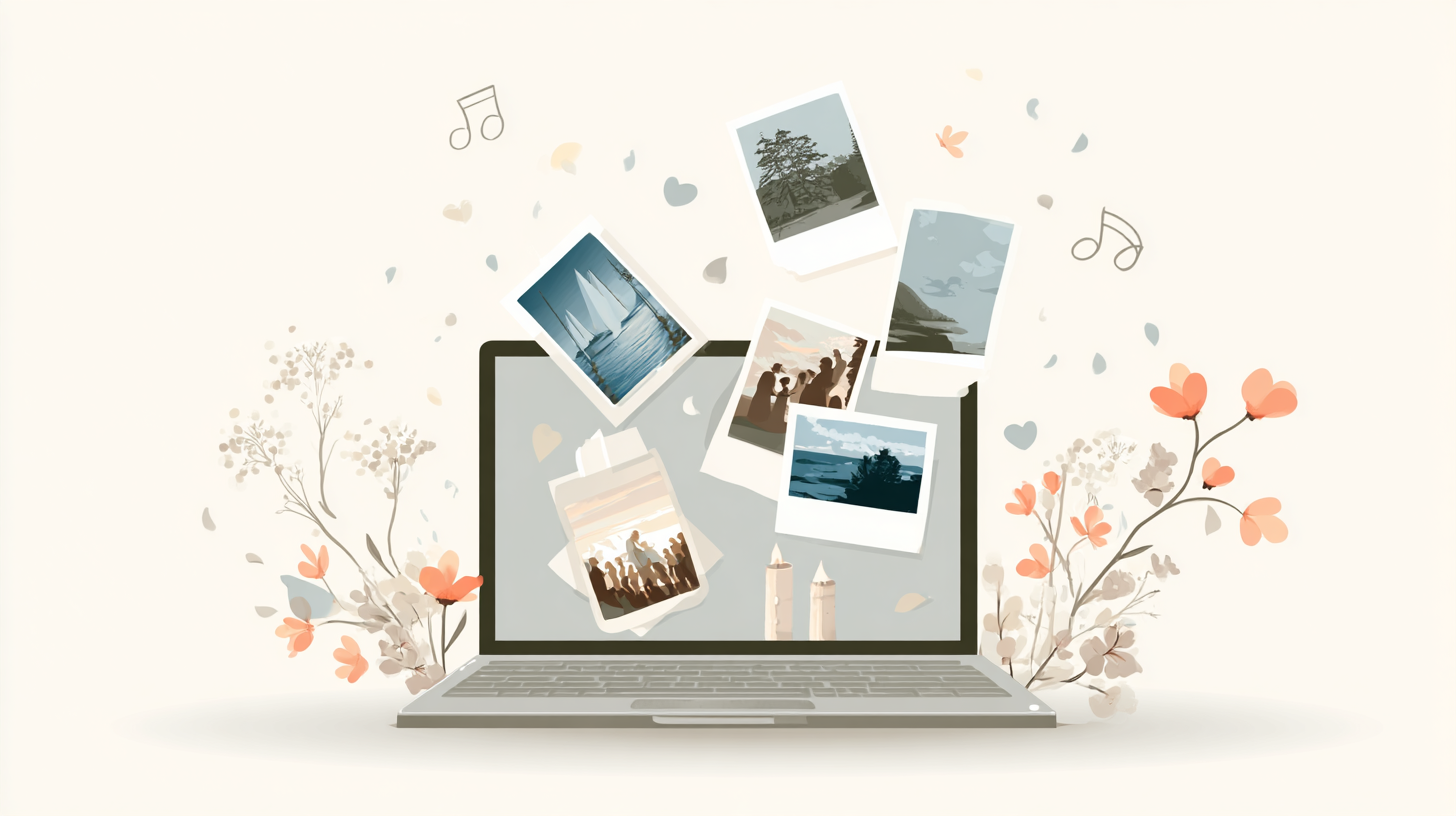 MacBook displaying a memorial photo slideshow with candles and flowers — creating a tribute slideshow on Mac