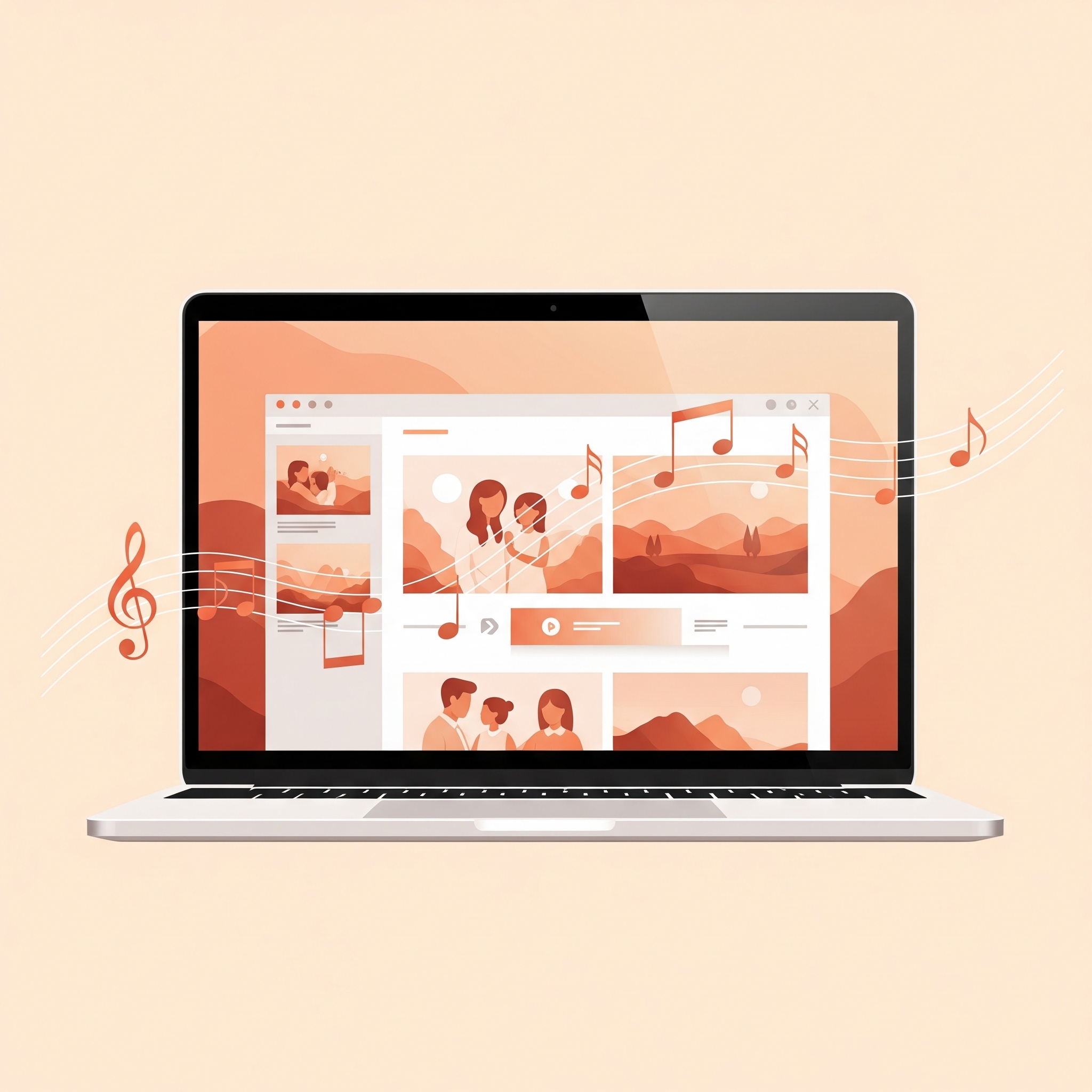 MacBook displaying photo slideshow with musical notes - illustration of adding music to Mac slideshows
