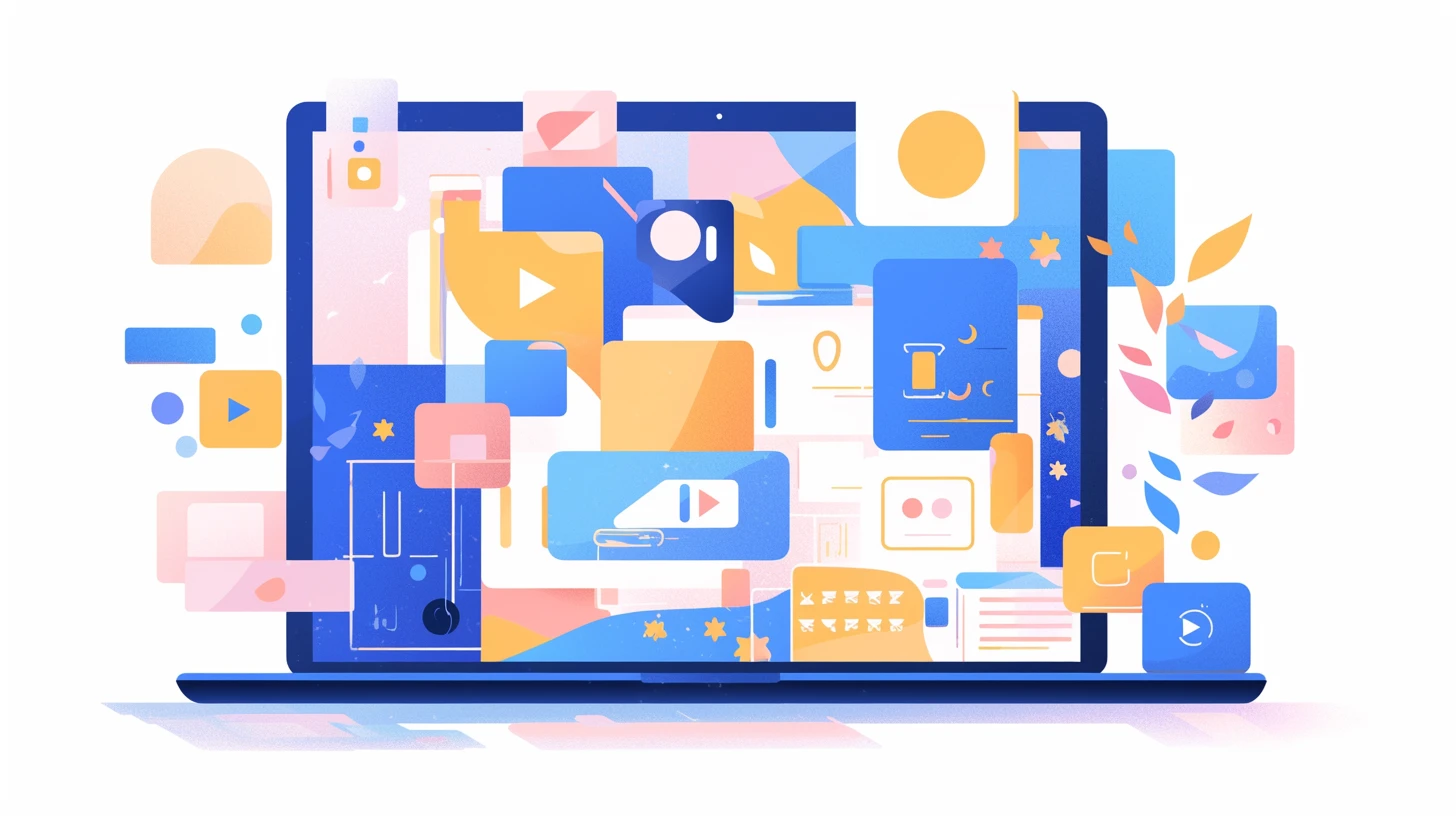 Illustration of a Mac laptop displaying a photo slideshow with colorful photos and videos floating around the screen